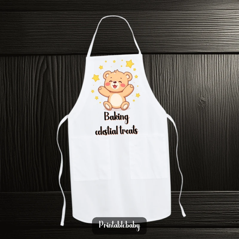 Funny teddy bear apron, delighted bear catching falling sparkling stars, perfect for cooking.