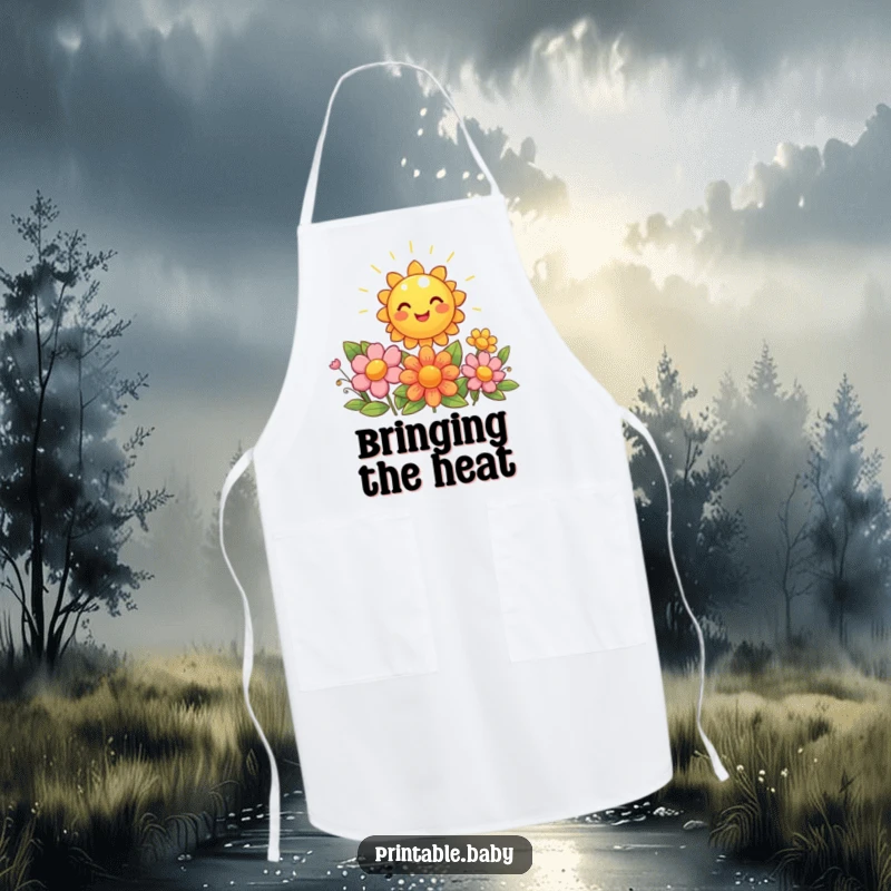 Funny sun apron, a giggling sun shining brightly onto beaming flowers, perfect for cooking.