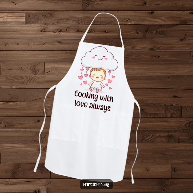 Funny cloud apron, a smiling cloud raining tiny hearts onto a happy child, for cheerful cooking.