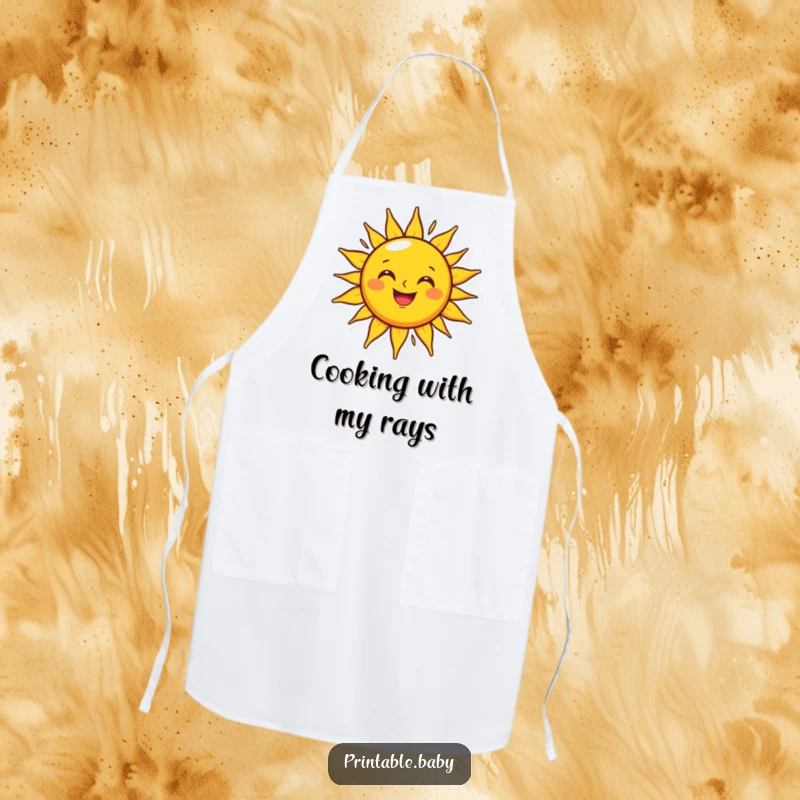 Funny grinning sun apron with a happy character shining brightly on an outline, practical for kitchen use and cheerful vibes.