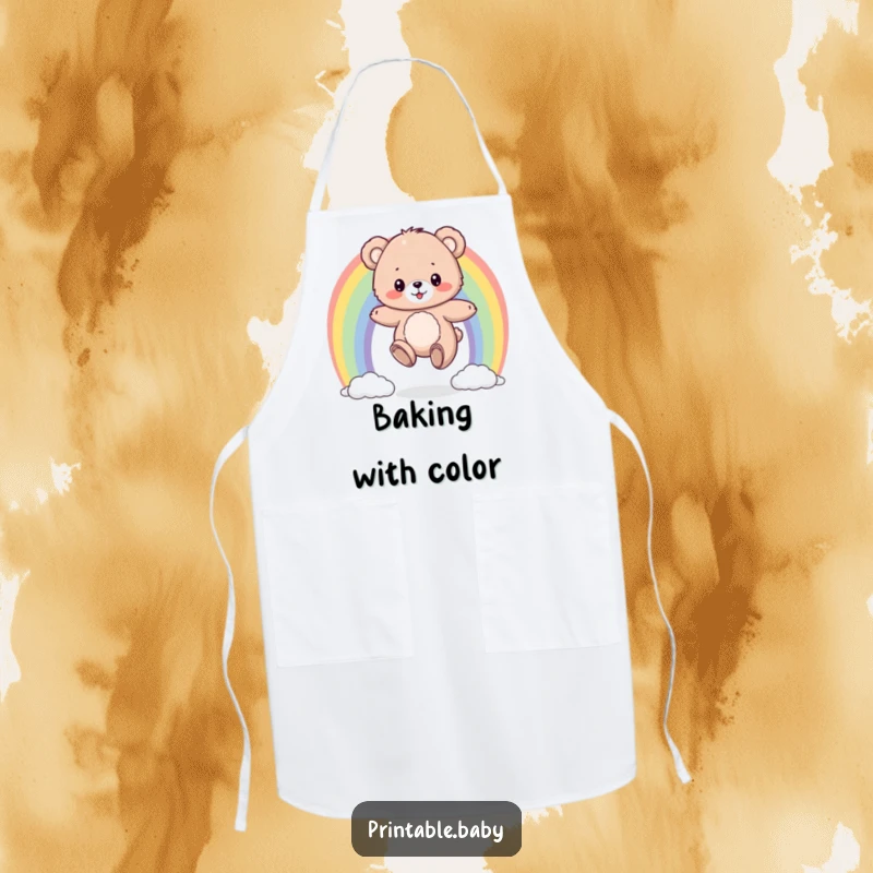 Funny apron featuring a fluffy bear cub bouncing on a colorful rainbow, a cheerful and practical kitchen accessory.