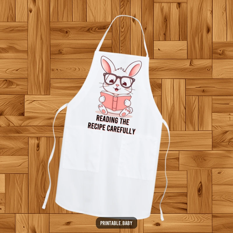 Funny apron with a cheerful bunny wearing glasses, ready to cook or read, a humorous addition to any kitchen.