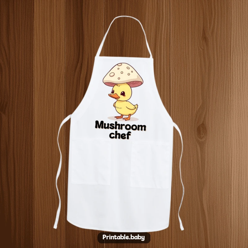 Funny duckling apron, comically balancing a large mushroom on its head while cooking, charming chef apparel.