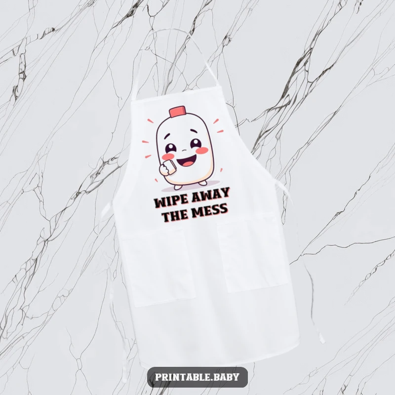 Funny apron featuring a mischievous eraser character happily rubbing out a funny face, ideal for a humorous cooking experience.