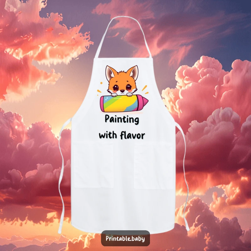 Funny kitchen apron showing a surprised fox cub peeking over a giant colorful crayon, perfect for creative cooking or crafting.