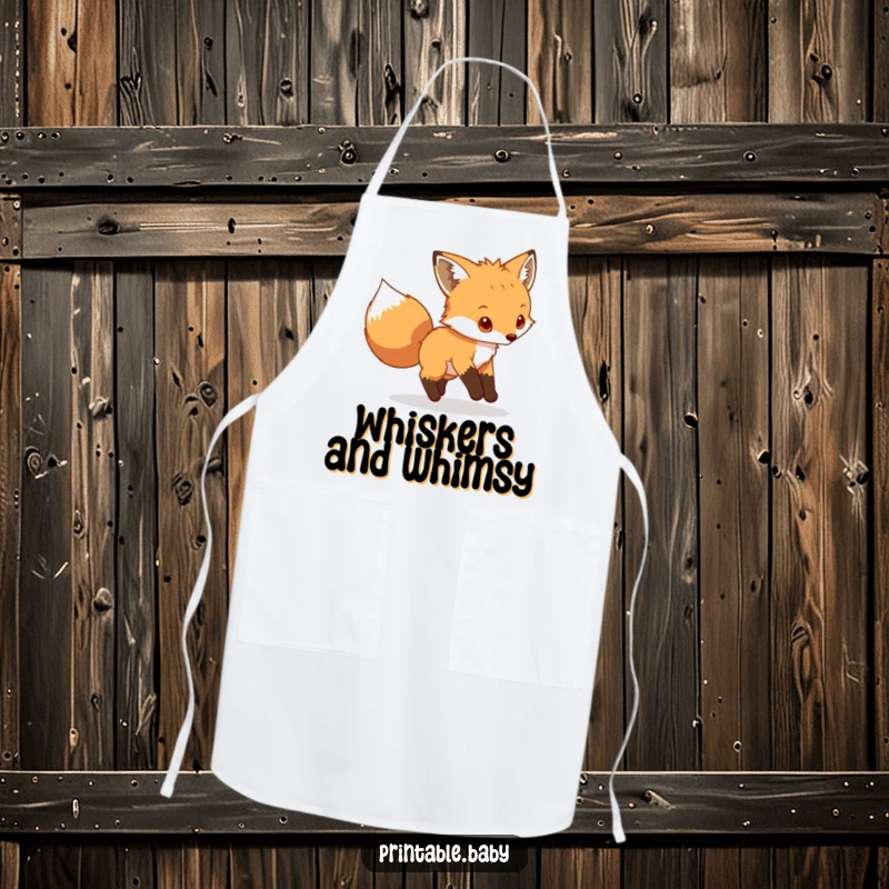 Funny fox cub apron, playful animal chasing its tail, humorous kitchen accessory for chefs.