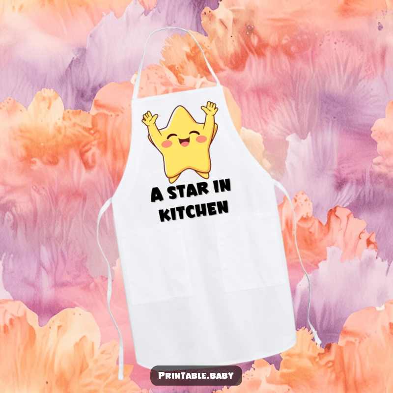 Funny giggling star with arms thrown up in pure joy, radiating happiness, a humorous apron for a joyful cooking experience.