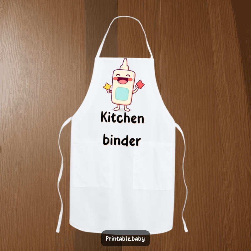 Funny apron featuring a laughing glue stick character happily sticking shapes together, great for crafting.