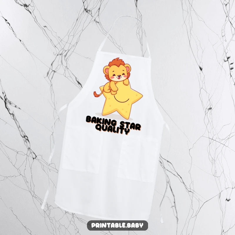 Funny apron featuring a brave lion cub climbing a smiling star, adding a humorous and inspiring touch to kitchen tasks.