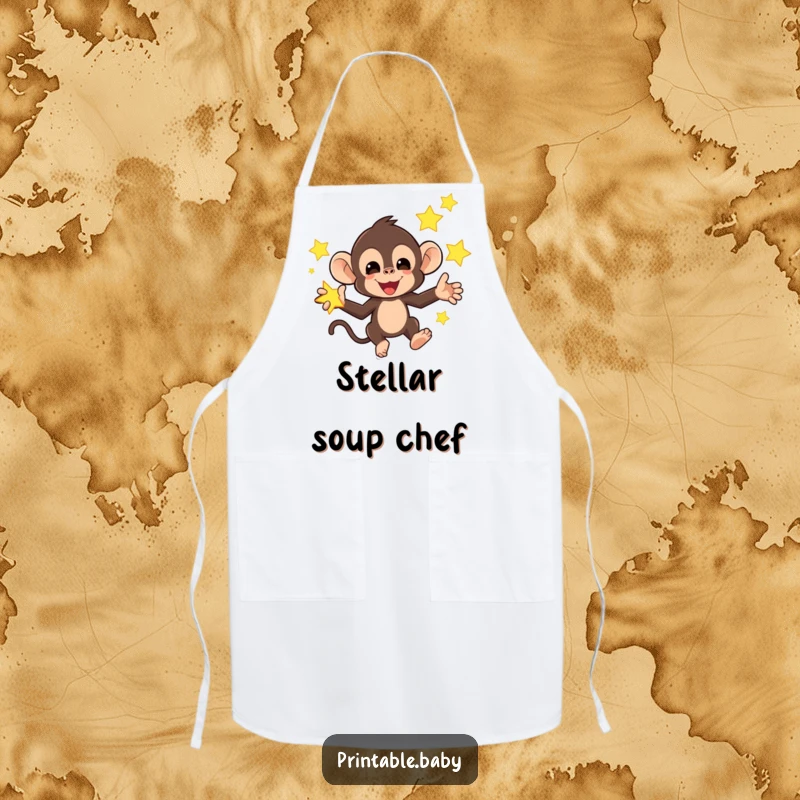 Funny apron featuring a mischievous monkey juggling bright, glowing stars, a humorous and practical kitchen accessory.