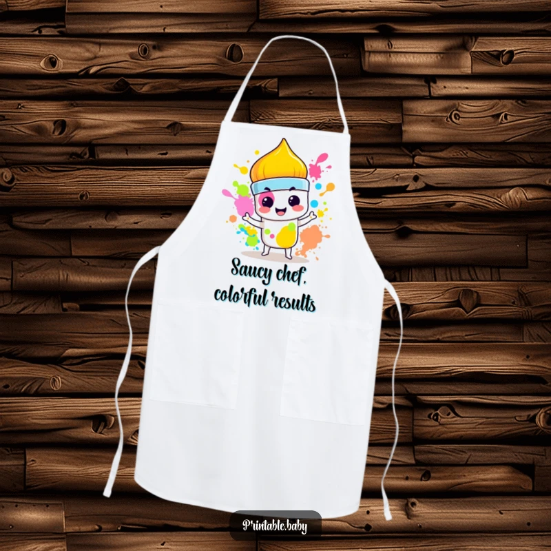 Funny Paintbrush Apron: Kitchen apron featuring a mischievous paintbrush splashing vibrant colors with a smirk, ideal for creative cooks.