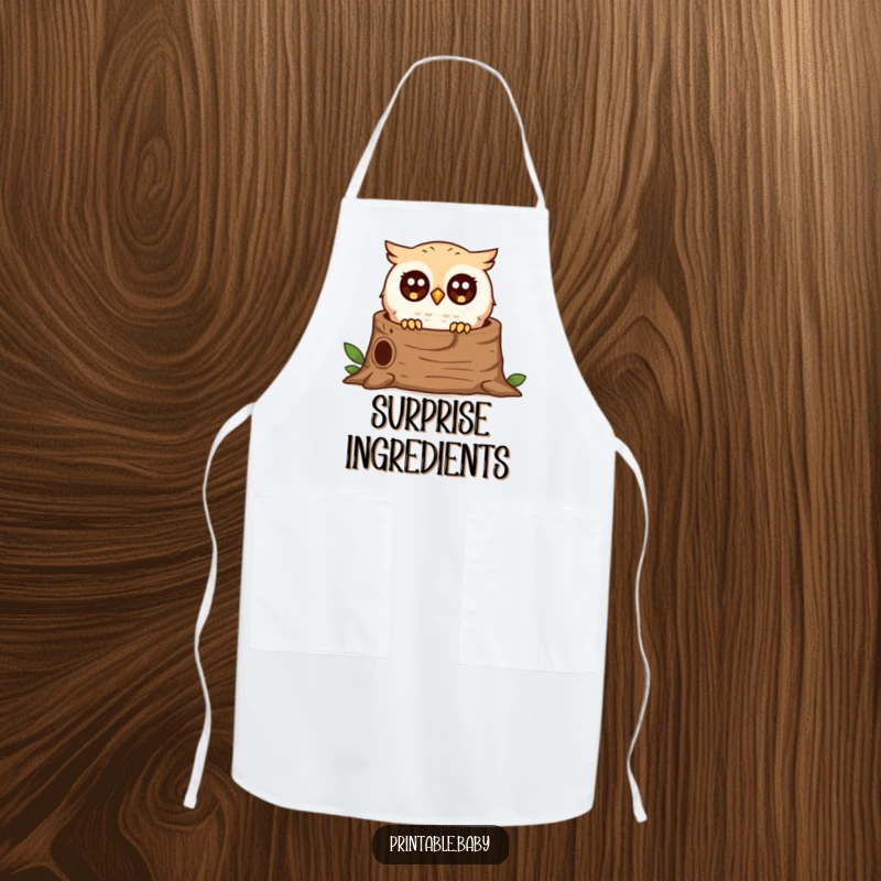 Funny surprised owl apron, tiny bird peeking from a log, humorous kitchen accessory for chefs.