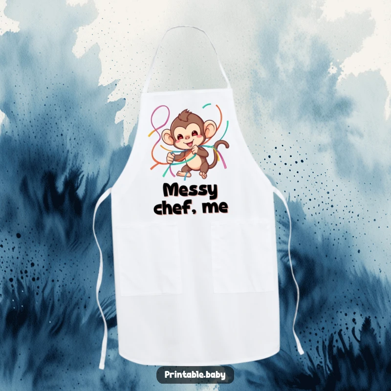 Funny monkey apron featuring a playful monkey tangled in colorful streamers, bringing party energy to the kitchen.