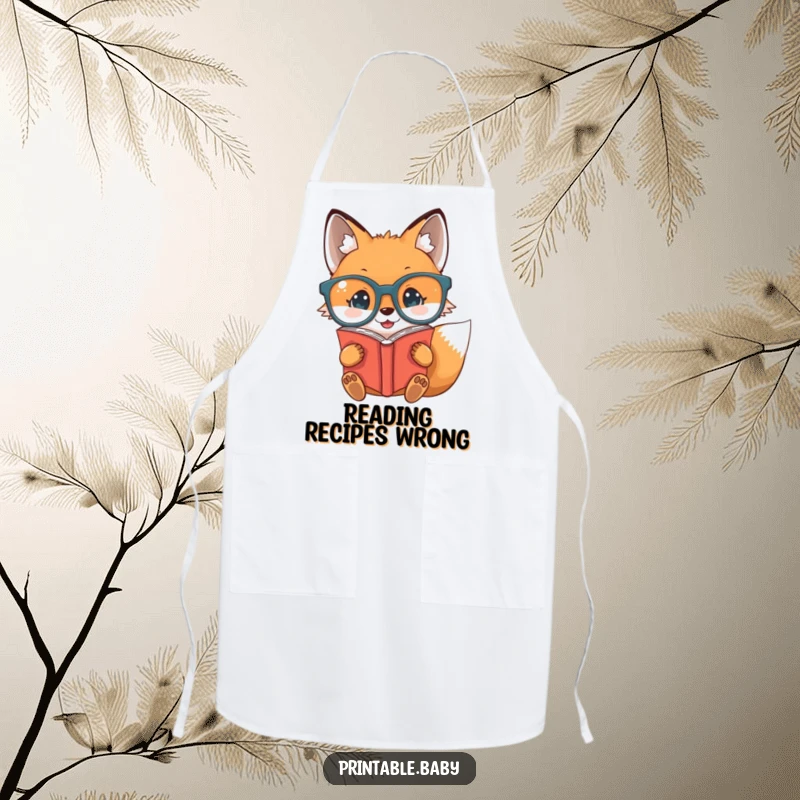 Funny baby fox with glasses reading upside down on a kitchen apron, great for humorous cooking sessions.
