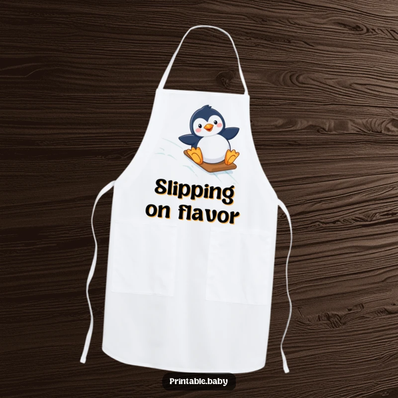 Funny apron featuring a happy penguin sliding down a starry, icy slope, perfect for adding humor to cooking and kitchen activities.