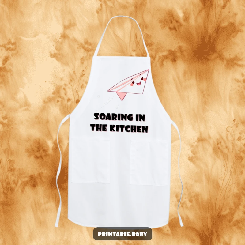 Funny paper airplane apron with a happy character soaring, leaving a trail, ideal for keeping clothes clean with a smile.