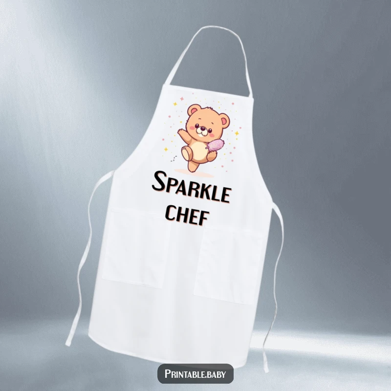 Funny Bear Cub Glitter Apron showing a tiny bear cub kicking a glitter bomb, showering itself in sparkles, bringing playful humor to kitchen tasks.