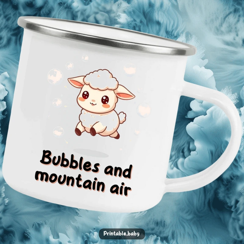 Funny enamel camping mug featuring a joyful lamb skipping amidst a delightful, bubbly, outdoor scene.