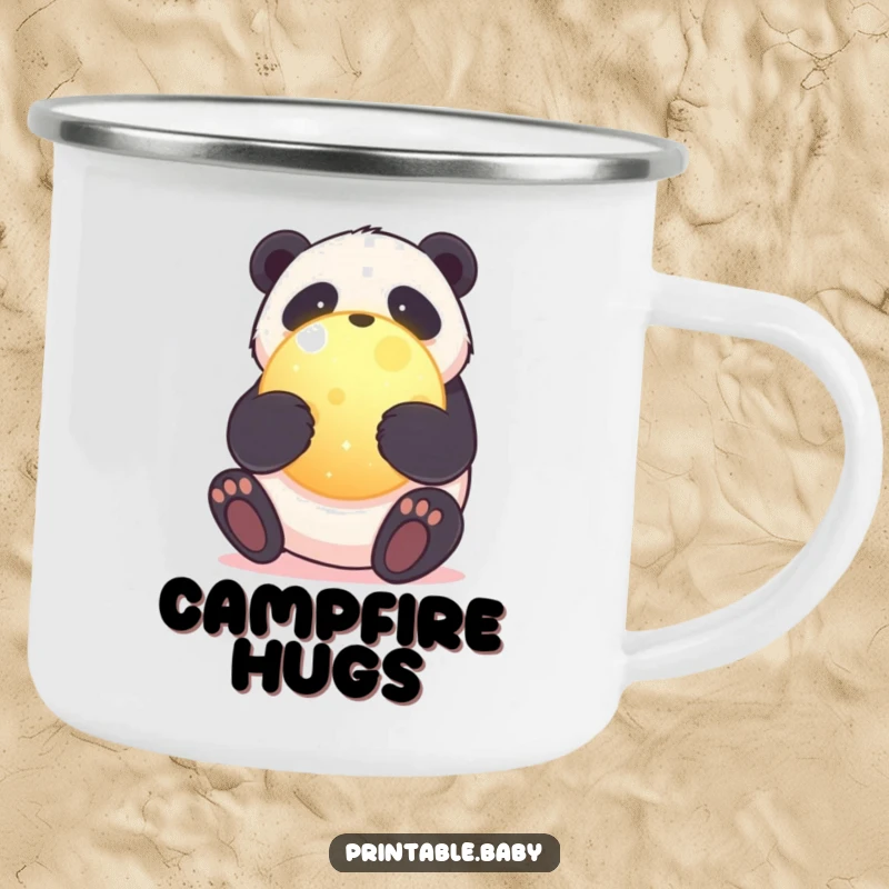 Funny camping mug featuring a sweet panda bear hugging a glowing planet, celebrating nature and eco-friendliness.