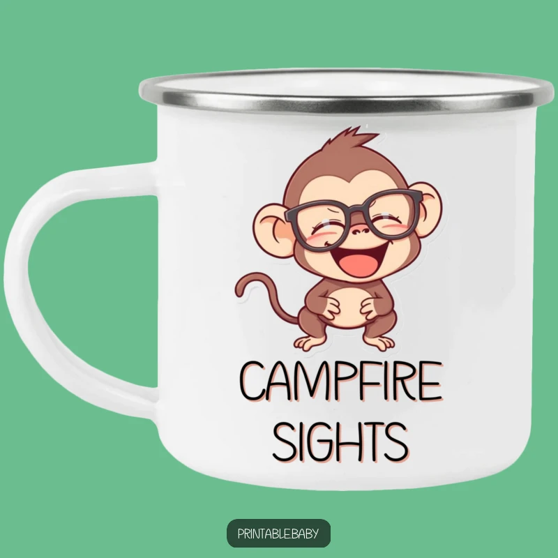 Funny Monkey Camping Mug - Enamel Giggling Spectacled Primate Cup, an Intellectual Gift
