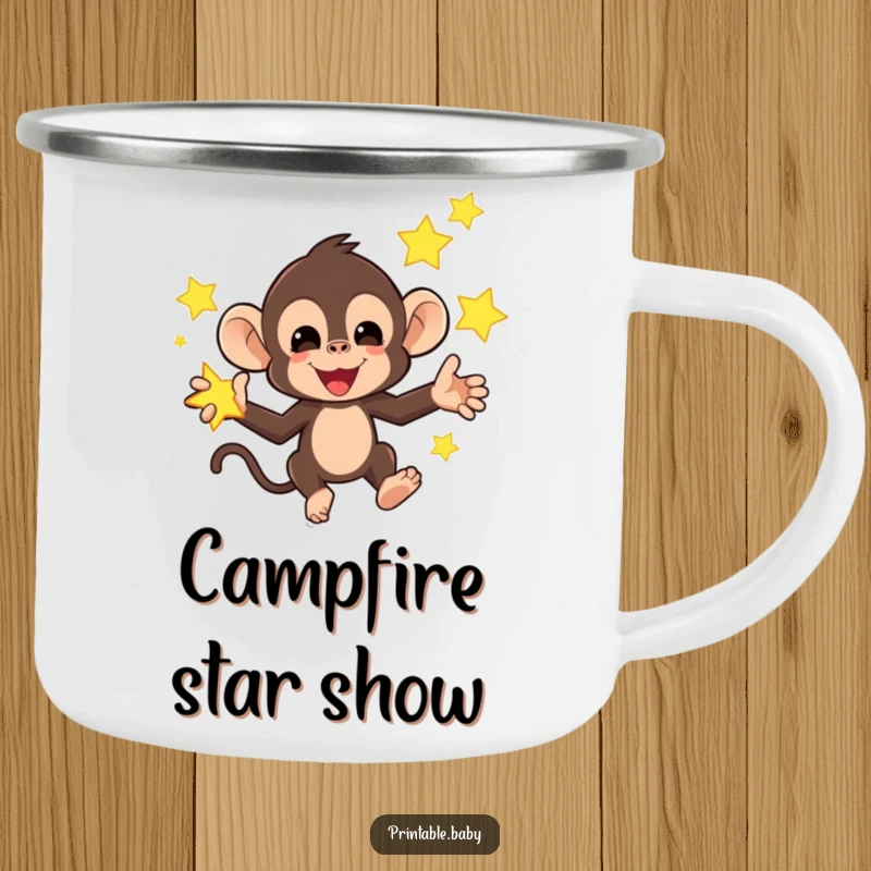 Funny camping mug featuring a mischievous monkey juggling bright, glowing stars, a humorous and sturdy mug for adventurers.