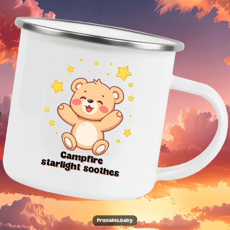 Funny teddy bear camping mug, delighted bear catching falling sparkling stars, for outdoor adventures.