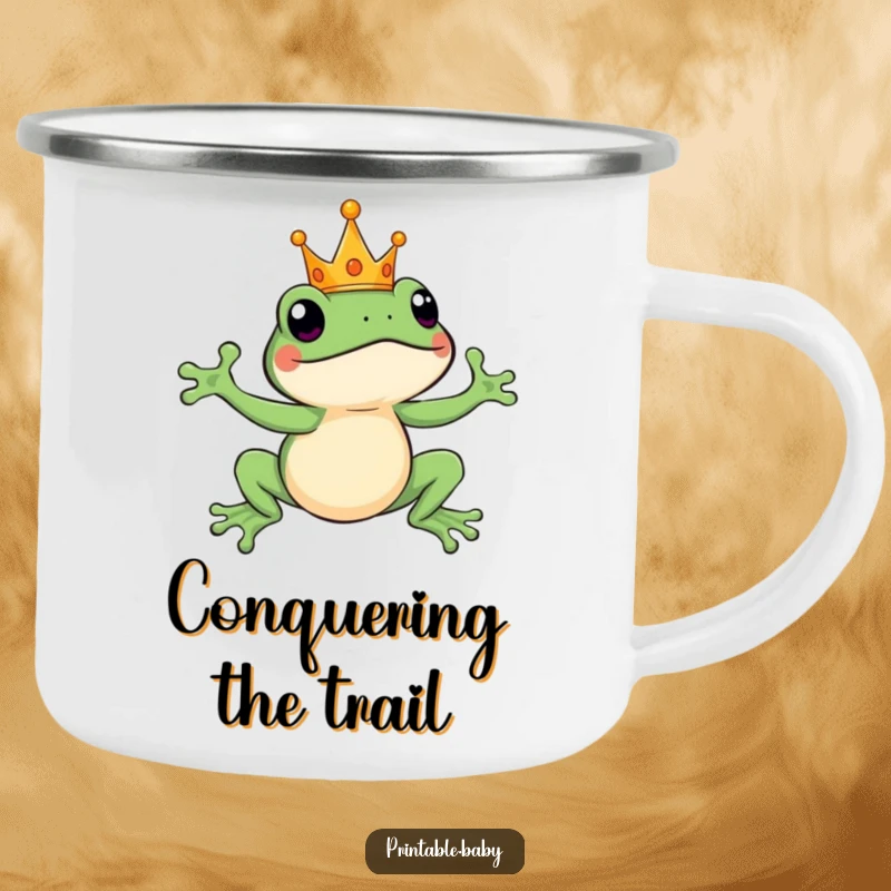 Funny leaping frog wearing a tiny crown, mid-leap, a humorous camping mug for royal outdoor enjoyment.