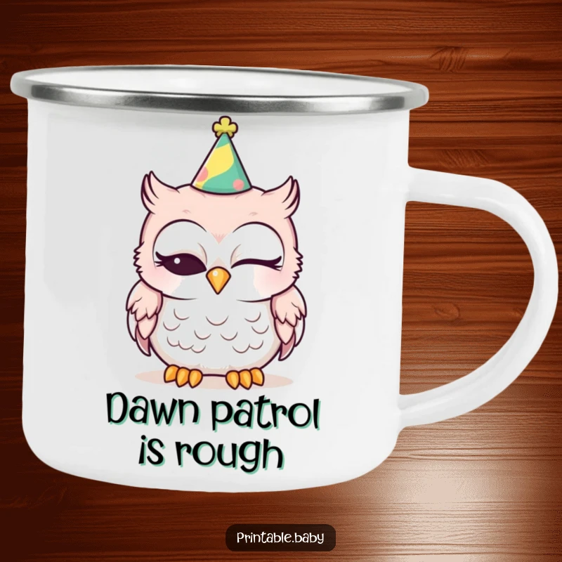 Funny sleepy baby owl in a party hat, eyes closed, on a durable camping mug, perfect for outdoor humor.