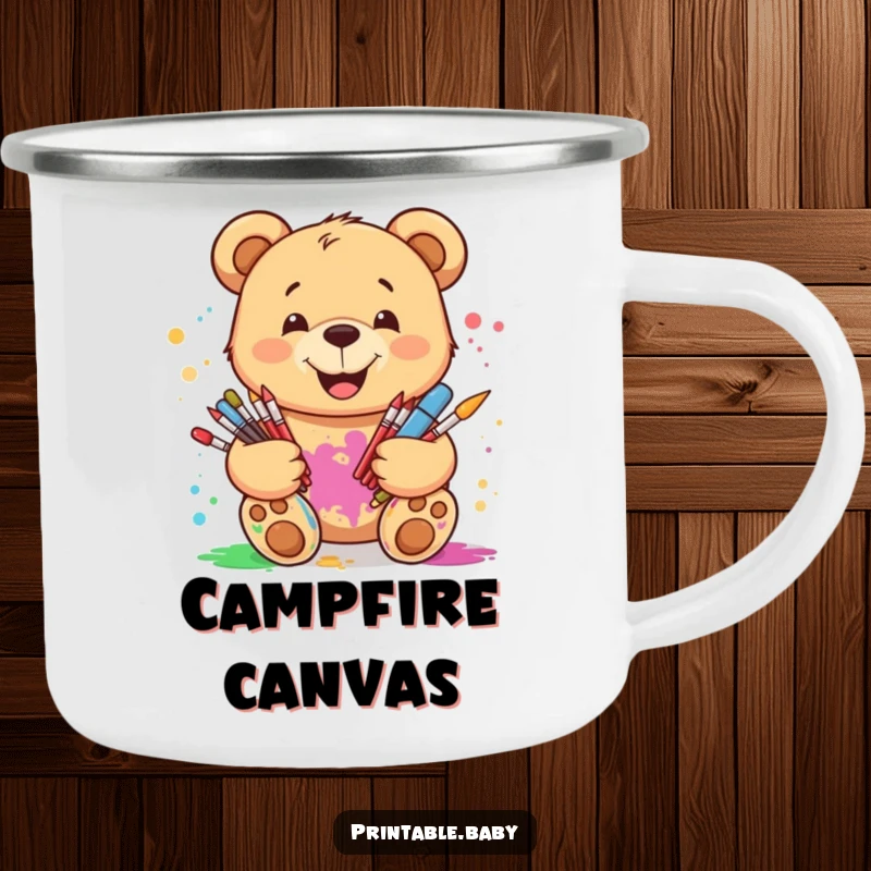 Funny smiling teddy bear camping mug, with art supplies and paint splatters, durable for outdoor use and artistic inspiration.