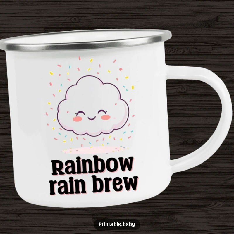 Funny giggling cloud character camping mug, raining colorful confetti onto a blank page, durable for outdoor use and creative inspiration.