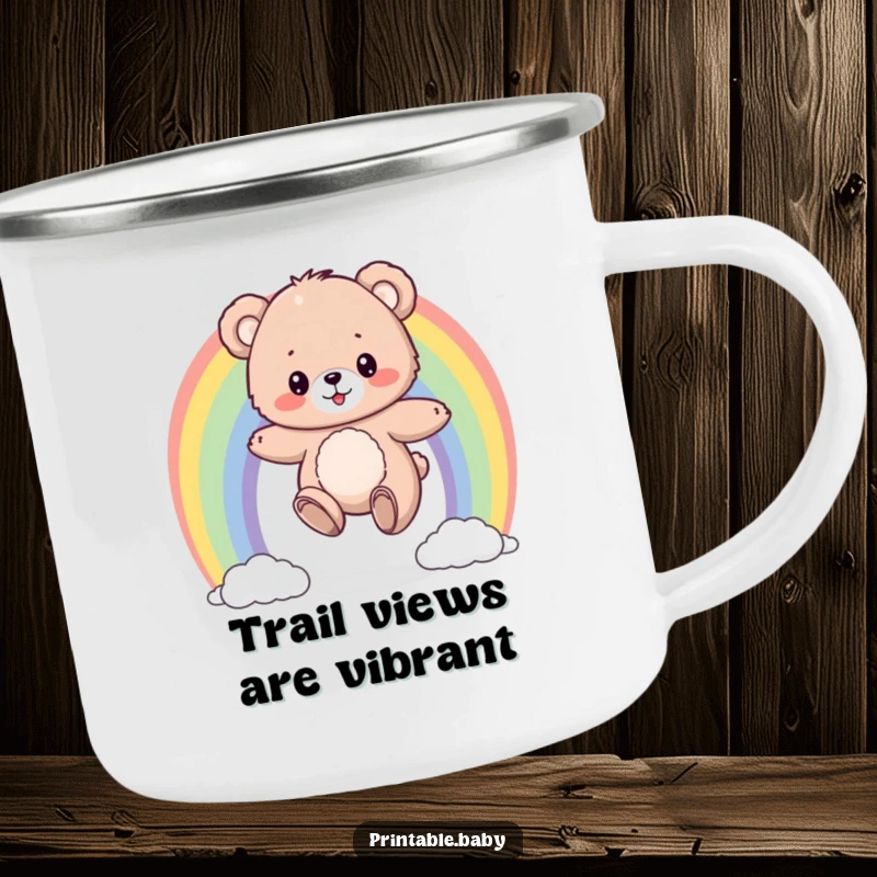 Funny camping mug featuring a fluffy bear cub bouncing on a colorful rainbow, a cheerful and durable mug for adventurers.