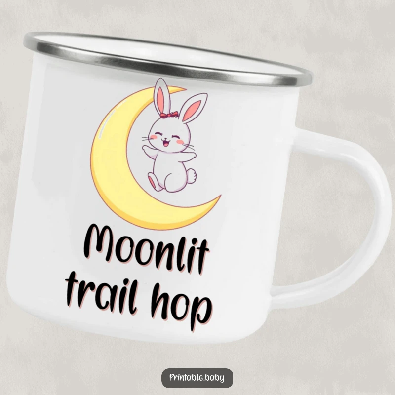 Funny camping mug featuring a giggling bunny hopping on a large crescent moon, ready for outdoor whimsy.