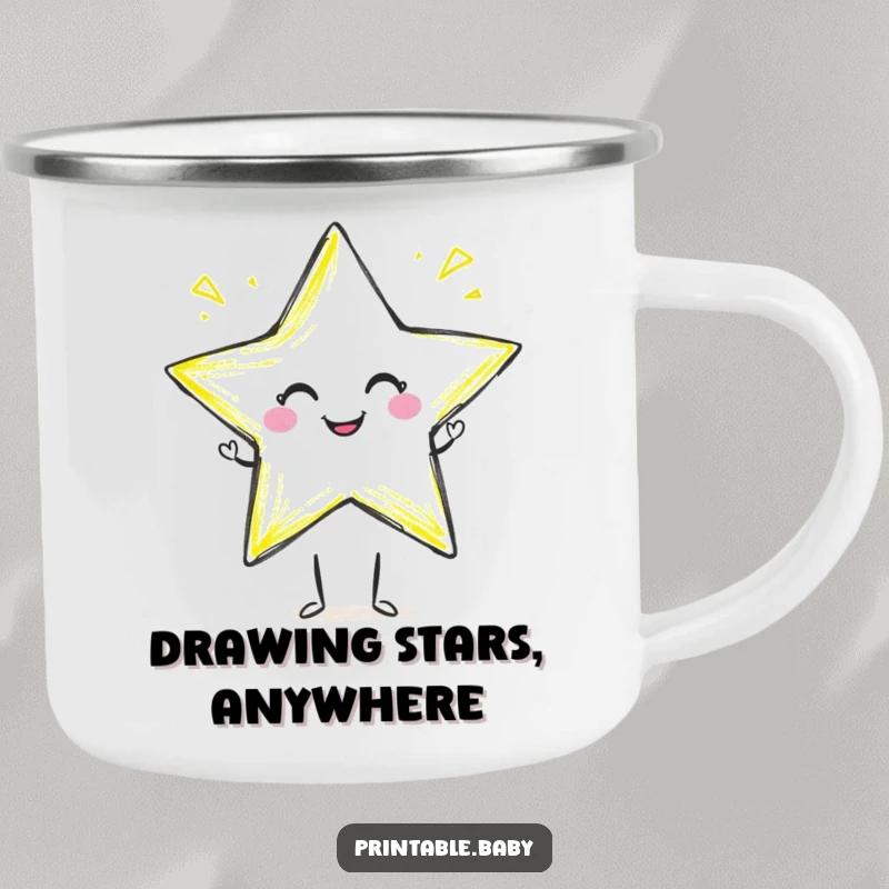 Funny crayon star camping mug with a smiling crayon character drawing a star, durable and cheerful outdoor gear.
