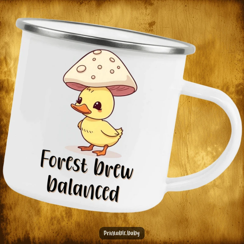 Funny duckling camping mug, enamel finish, comically balancing a large mushroom, sturdy outdoor cup.