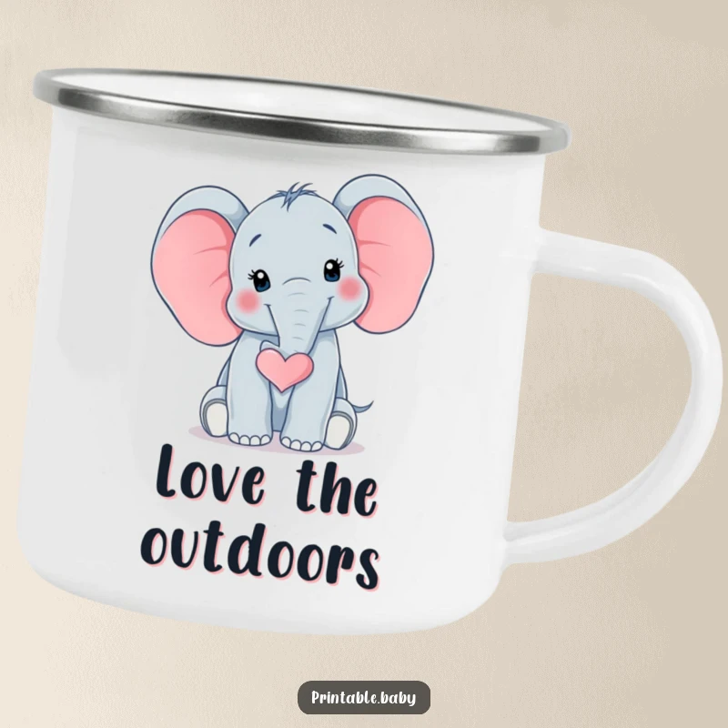 Funny Elephant Heart Camping Mug featuring a surprised baby elephant with its trunk curled into a heart shape, perfect for enjoying drinks outdoors with loving humor.