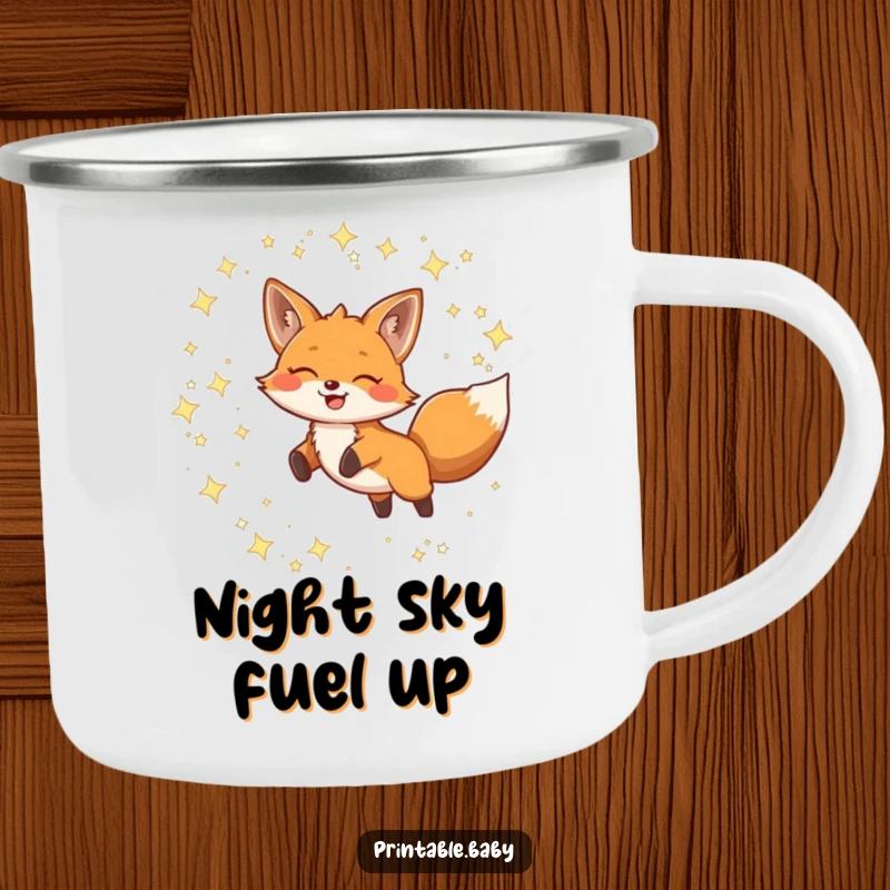 Funny Camping Mug featuring a smiling fox leaping through twinkling constellations, great for outdoor adventures and starry nights.
