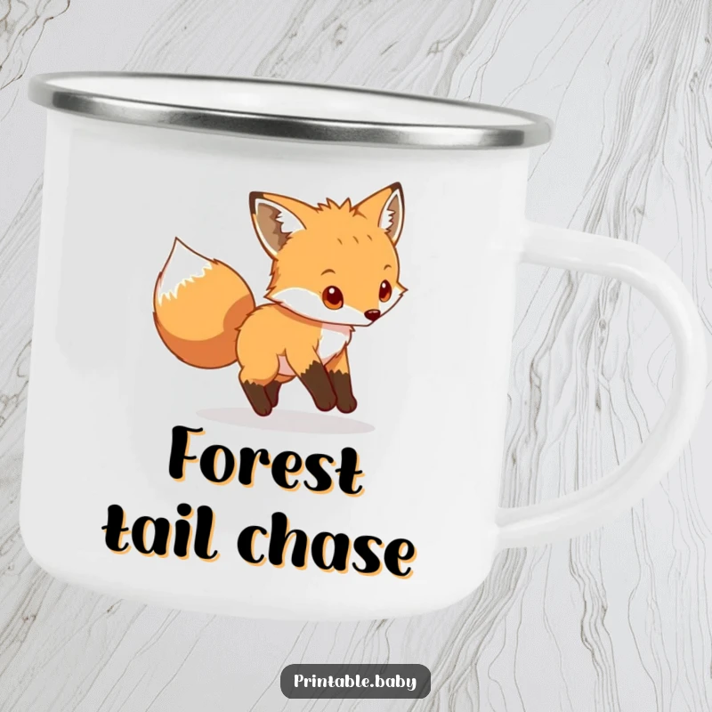 Funny fox cub camping mug, playful animal chasing its tail, durable and humorous mug for outdoor enthusiasts.