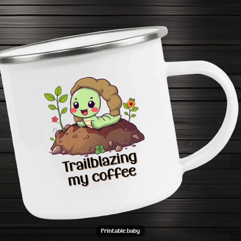Funny happy worm joyfully tunneling through vibrant soil, leaving a trail, a humorous camping mug for earthy outdoor enjoyment.
