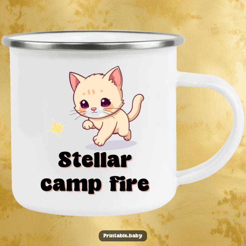 Funny camping mug featuring a curious kitten chasing a sparkly comet tail, ready for cosmic outdoor fun.