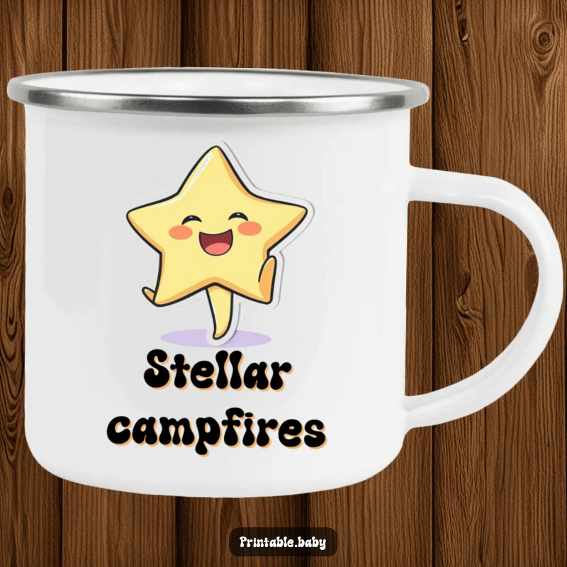 Funny enamel camping mug with a laughing star sticker character doing a cartwheel on textured paper.