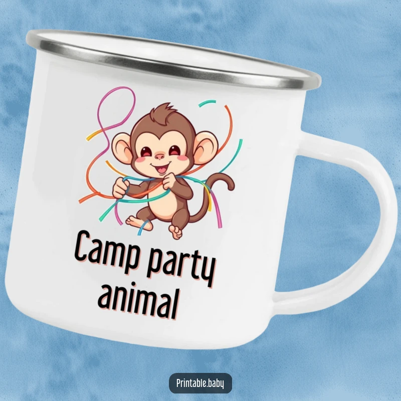 Funny monkey camping mug featuring a playful monkey tangled in colorful streamers, ideal for outdoor parties.