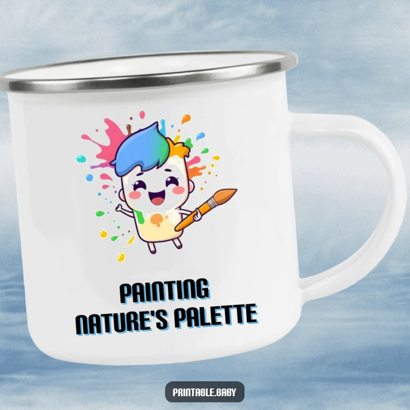 Funny paintbrush rainbow camping mug with a cheerful paintbrush character splattering rainbow colors, durable and artistic outdoor gear.