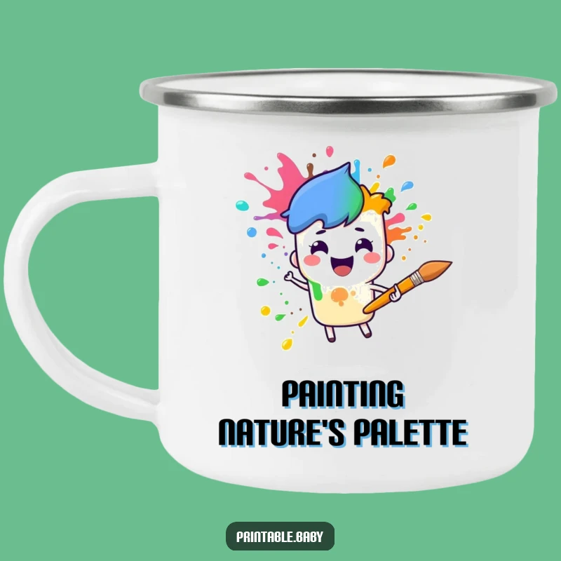 Funny Paintbrush Rainbow Camping Mug: Artist Character Gift for Outdoor Art