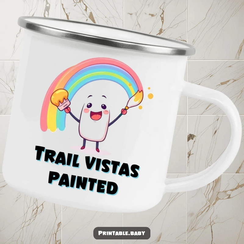 Funny camping mug with a cheerful paintbrush character painting a colorful rainbow arc, perfect for creative outdoor enthusiasts.