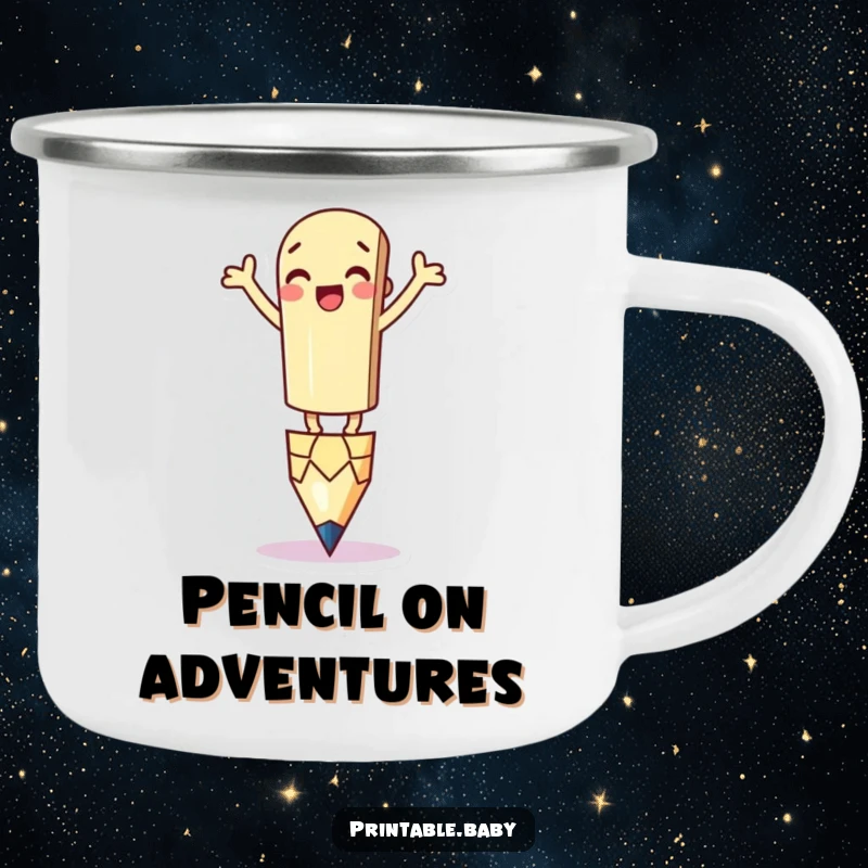 Funny Pencil Camping Mug: A robust camping mug printed with a silly pencil character balancing on its tip, for outdoor use.