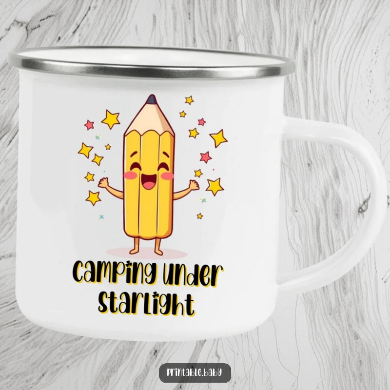 Funny Pencil Camping Mug: Sturdy mug featuring a giddy pencil character scribbling colorful stars, perfect for imaginative outdoor enthusiasts.