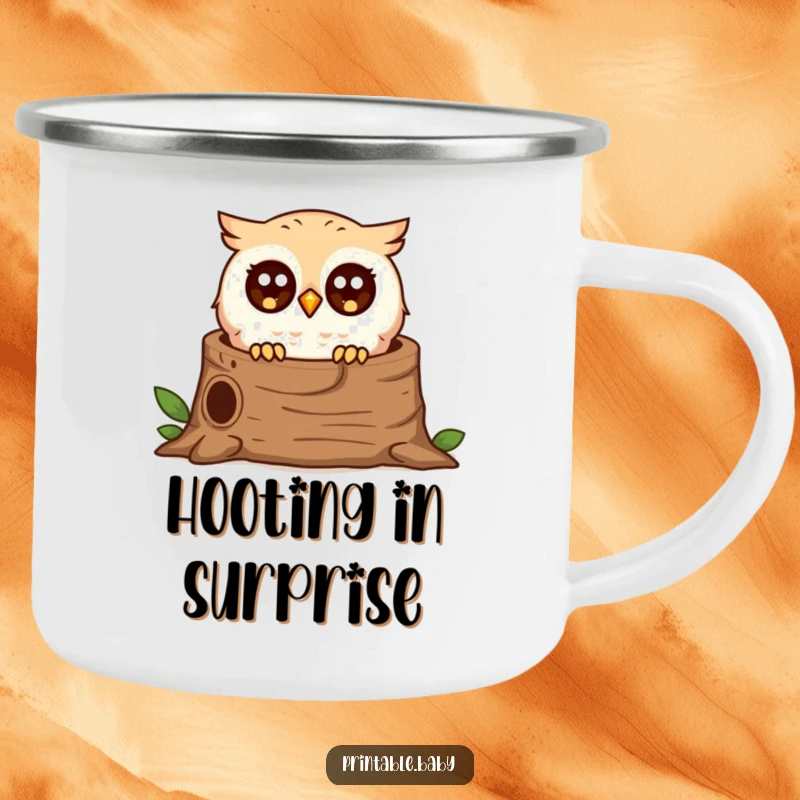Funny surprised owl camping mug, tiny bird peeking from a log, durable and humorous mug for outdoor enthusiasts.