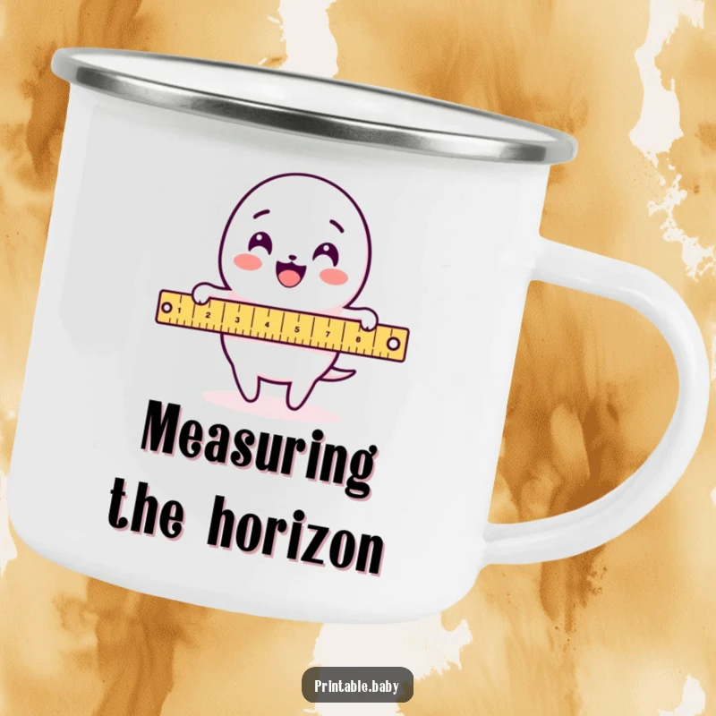 Funny Ruler Camping Mug: Sturdy mug featuring a delighted ruler character measuring a loop-de-loop pattern, perfect for organized outdoor enthusiasts.