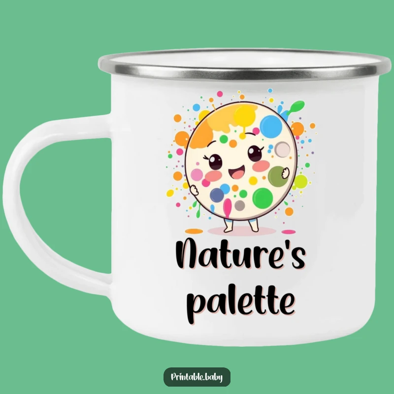 Bring your artistic spirit to the great outdoors with this camping mug featuring a cheerful paint palette character. Perfect for coffee, paints, and inspiration.