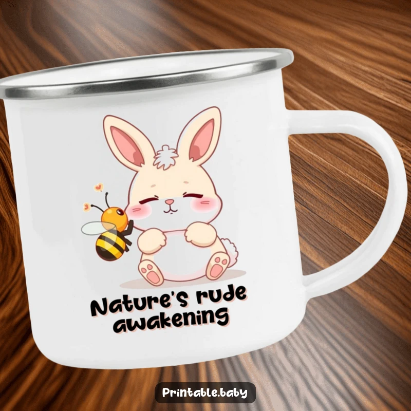 Funny camping mug featuring a startled bunny and a bee, perfect for enjoying beverages outdoors with a chuckle.